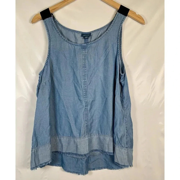 J Jill Denim Chambray Beachy Blue Sleeveless Fringe Hem Tank Top Small Petite - Picture 1 of 7